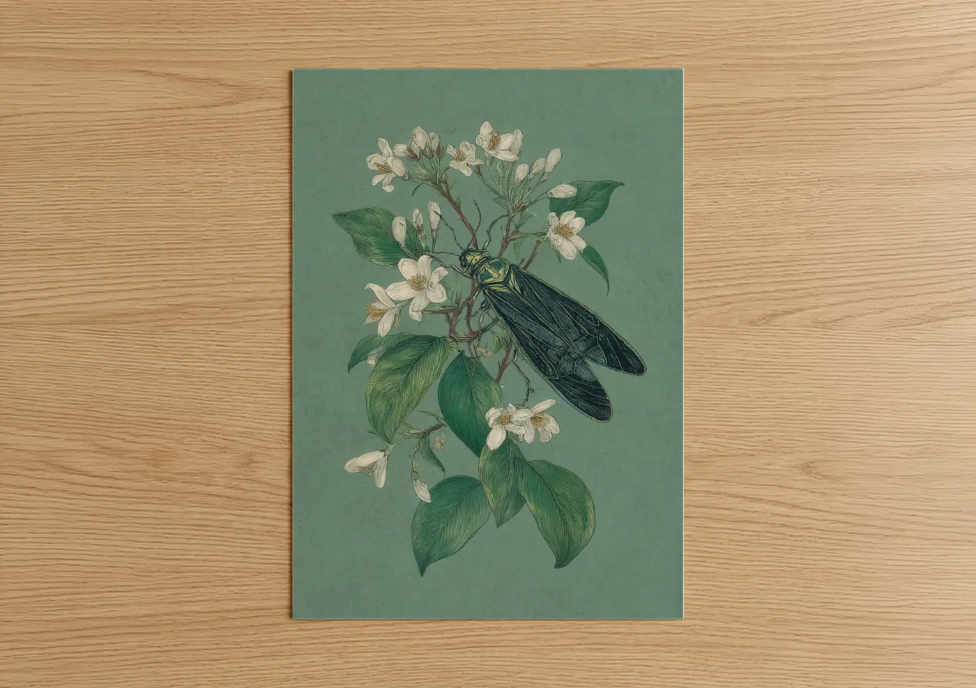 Fireflies art print on warm oak wood — sage green and white palette — Luminous Insect poster