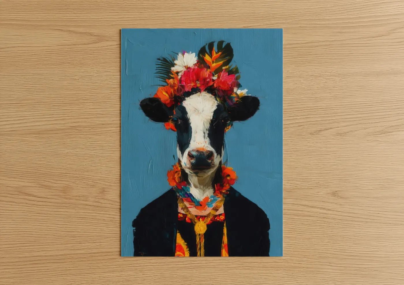 Floral Jersey Cow Portrait Blue Background Wall Art