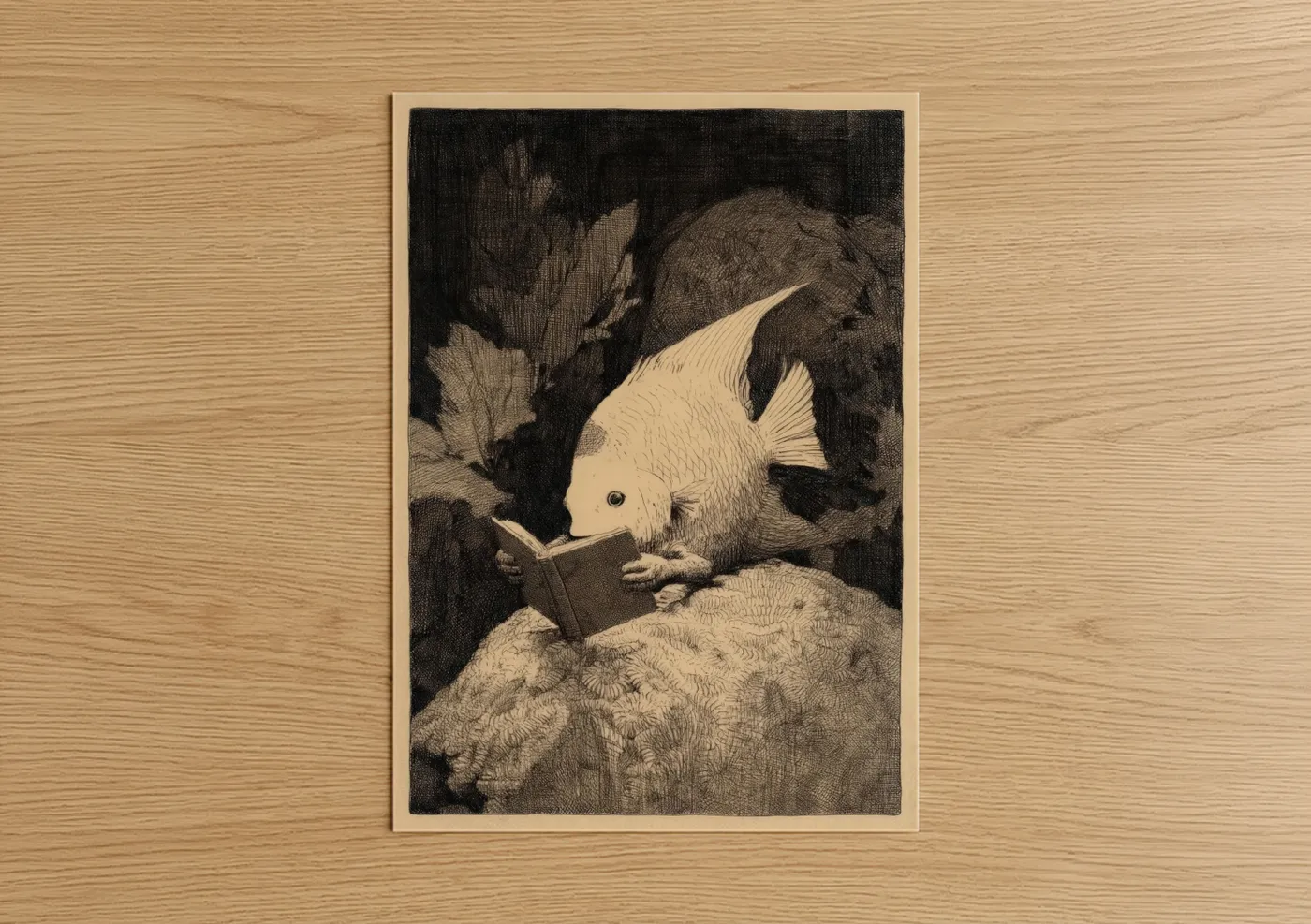 Scholarly Angelfish Reading Book Illustration Wall Art