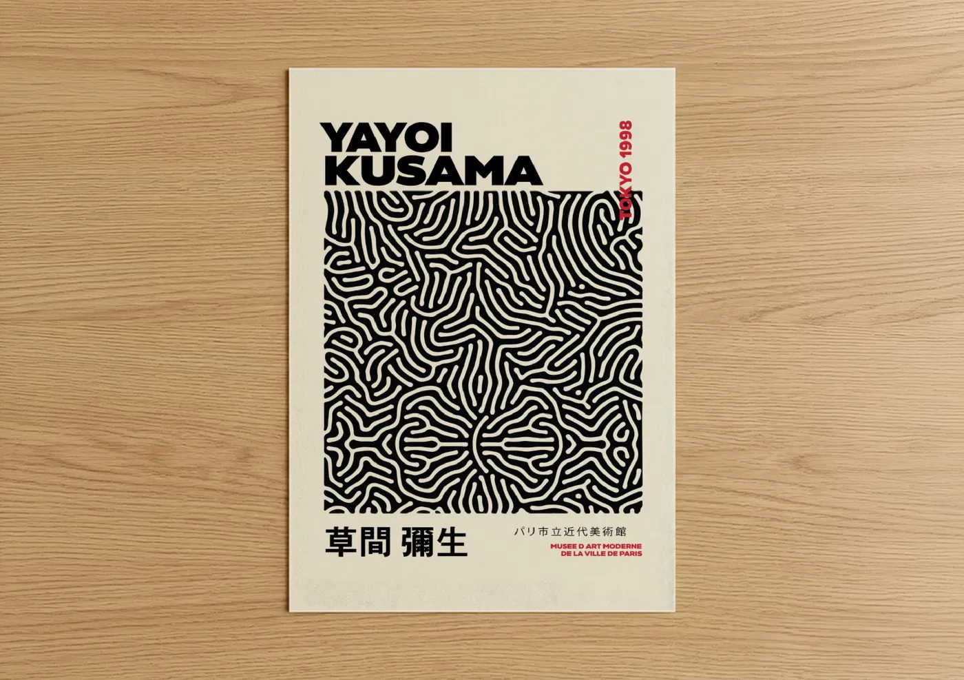 Abstract geometric art print on warm oak wood — black and white and beige palette — Yayoi Kusama Geometric Pattern Wall Art poster