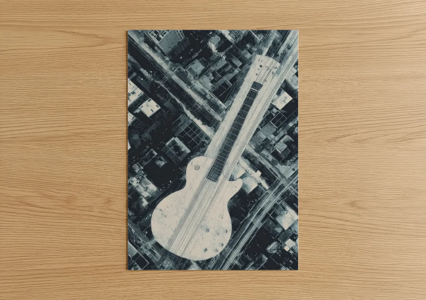 Electric guitar art print on warm oak wood — black and white and gray palette — Urban Guitar poster