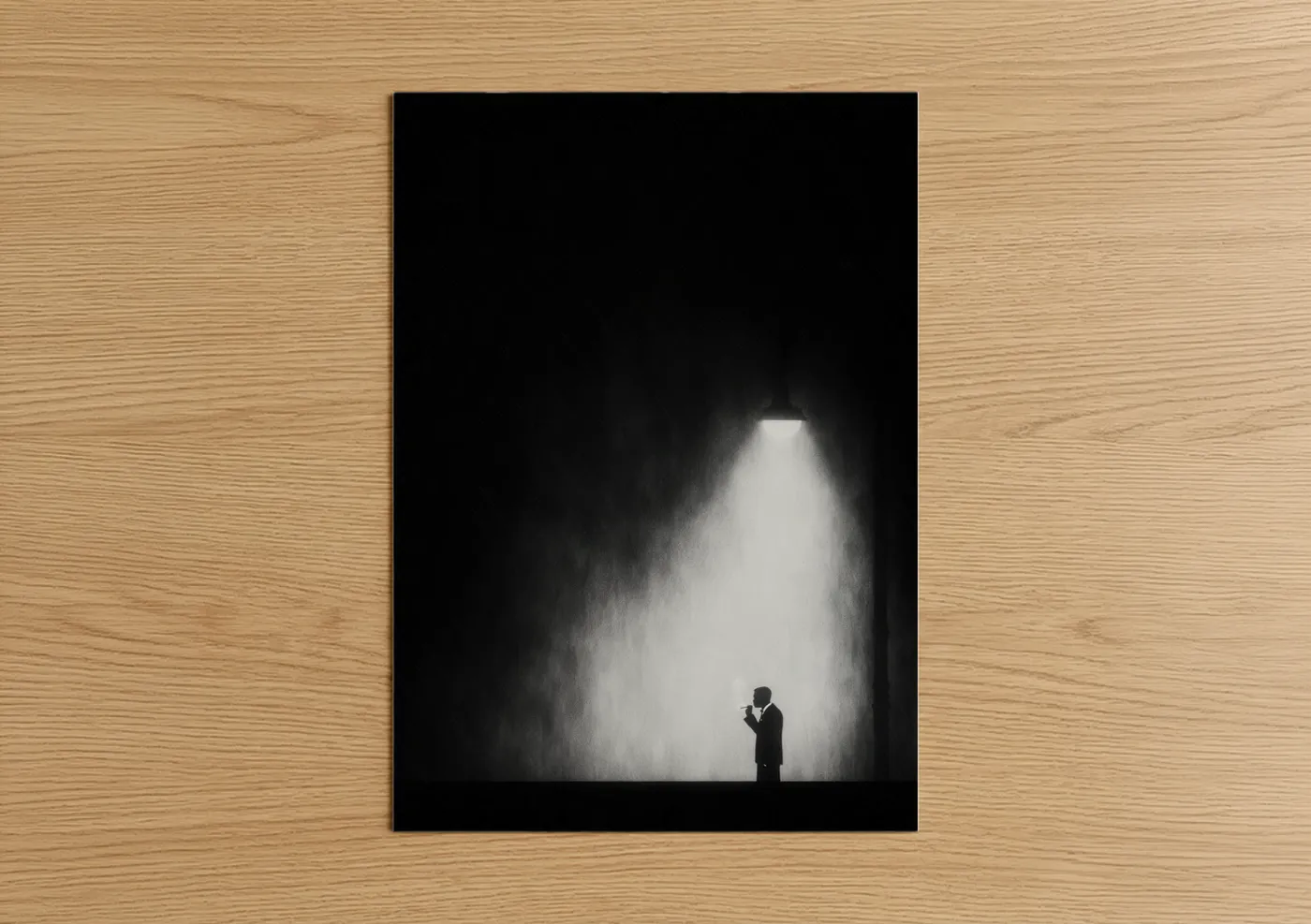 Smoke art print on warm oak wood — black and white palette — Contemplative Silhouette poster