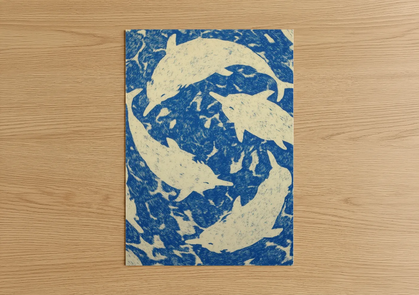 Art print on warm oak wood — blue and white palette — Dancing Narwhals poster