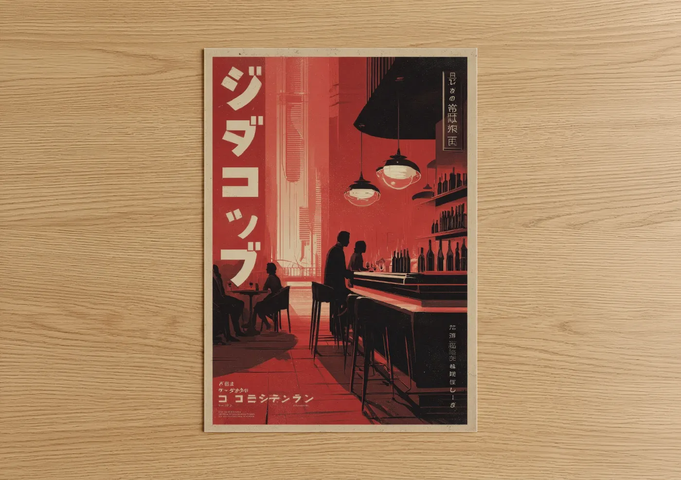 Vintage japanese ads art print on warm oak wood — red and black palette — Tokyo Cocktail Bar poster