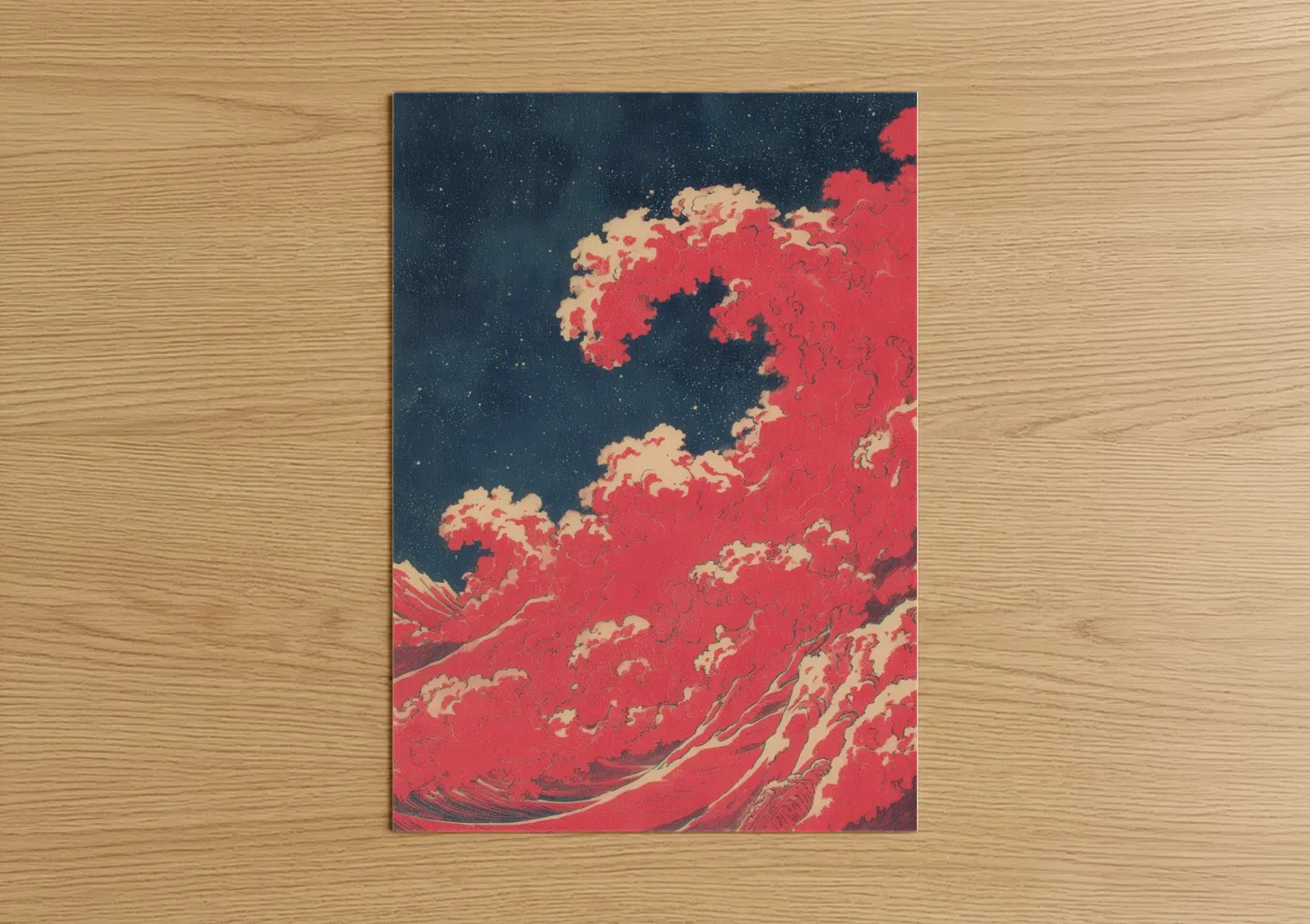 Art print on warm oak wood — red and dark blue palette — Crimson Supernova poster