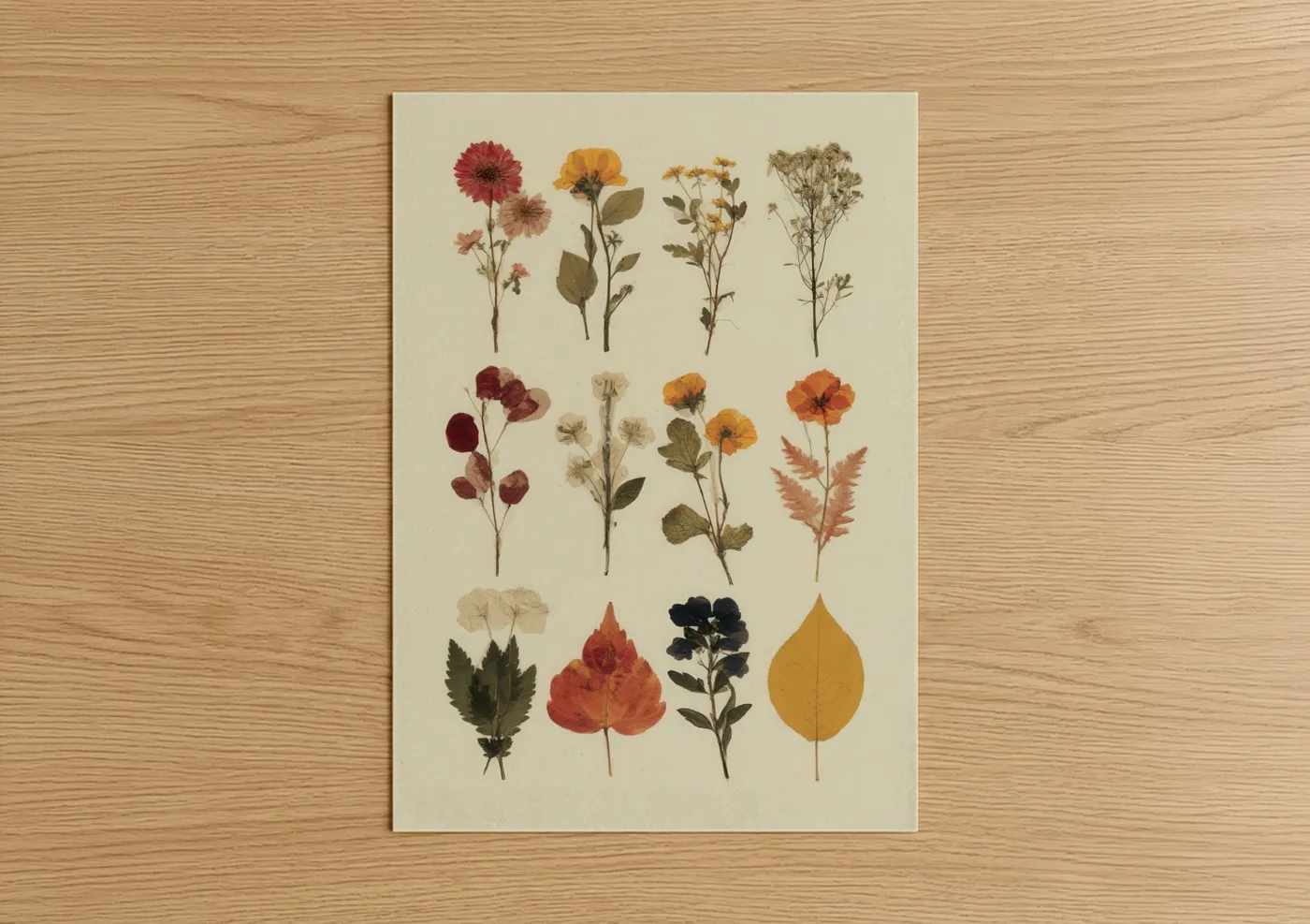 Leaf art print on warm oak wood — cream and russet palette — Pressed Botanicals Collection poster
