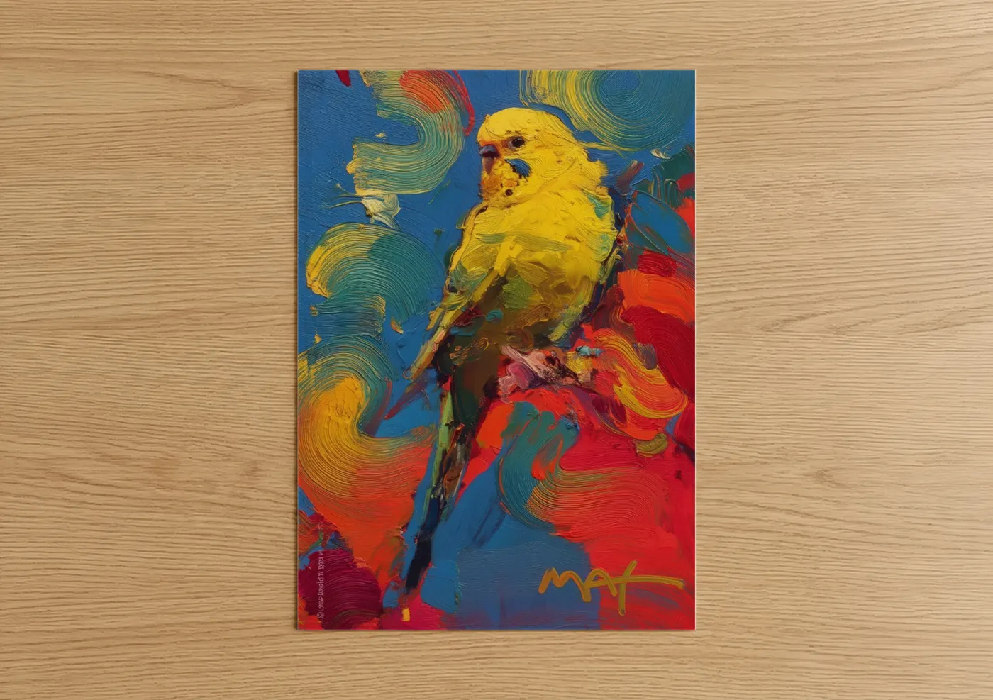 Canaries art print on warm oak wood — blue and gold palette — Vibrant Yellow Canary poster