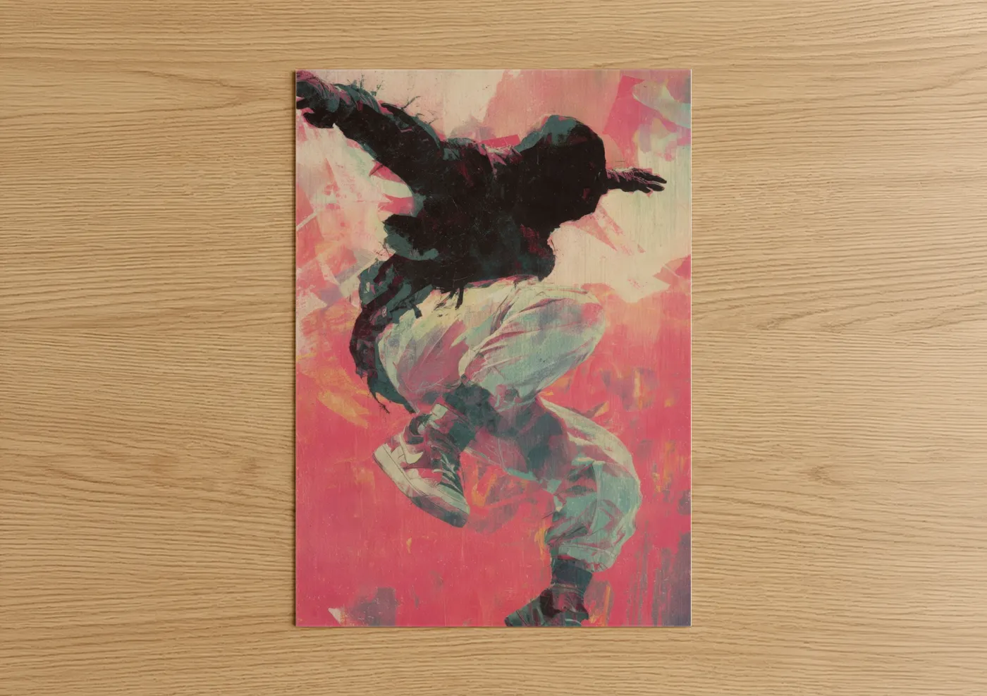 Street dance art print on warm oak wood — magenta and teal palette — Urban Motion Dancer poster