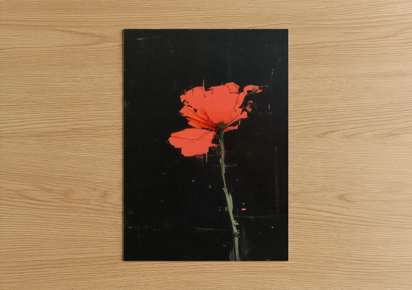 Abstract flower art print on warm oak wood — red and black palette — Crimson Poppy poster