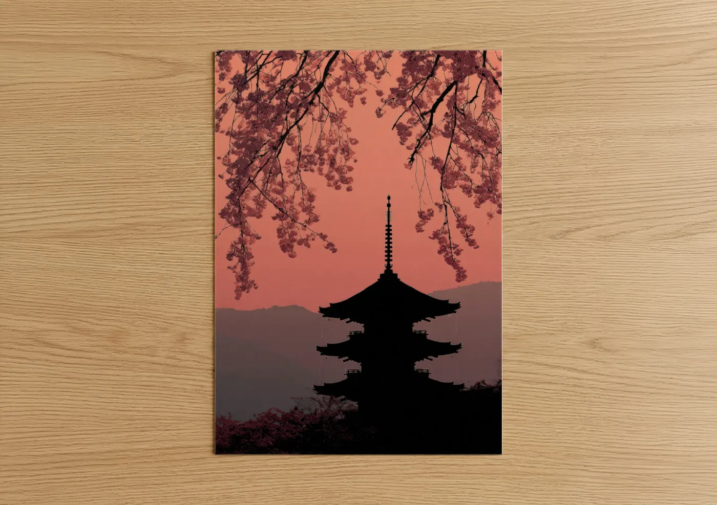 Cherry Blossom Pagoda Sunset Silhouette Wall Art