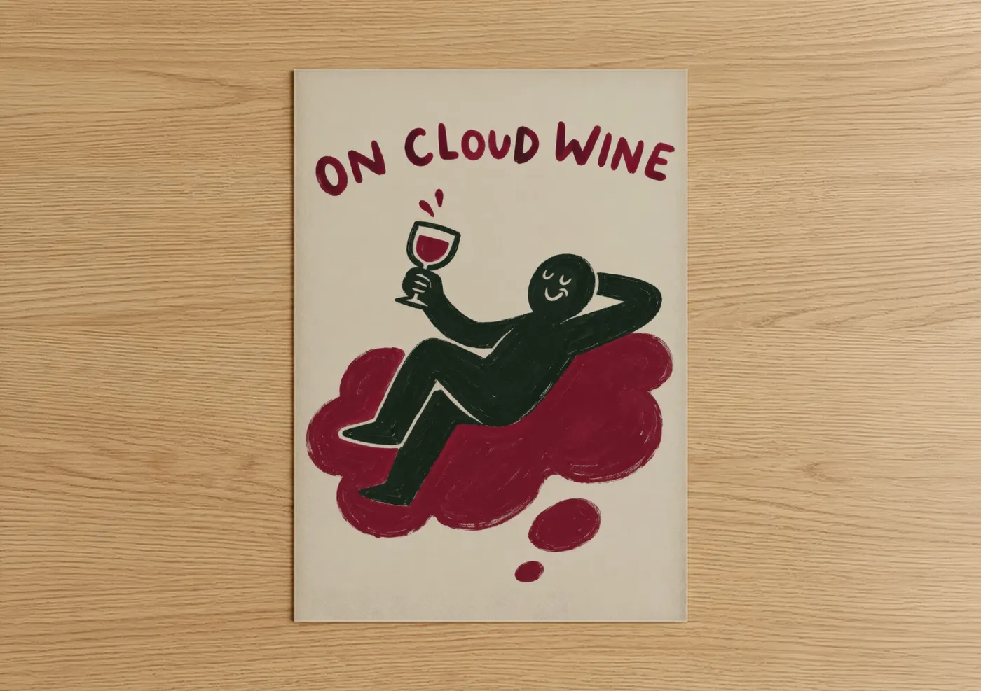 Red wine art print on warm oak wood — maroon and beige palette — Wine Lover Minimalist Wall Art poster