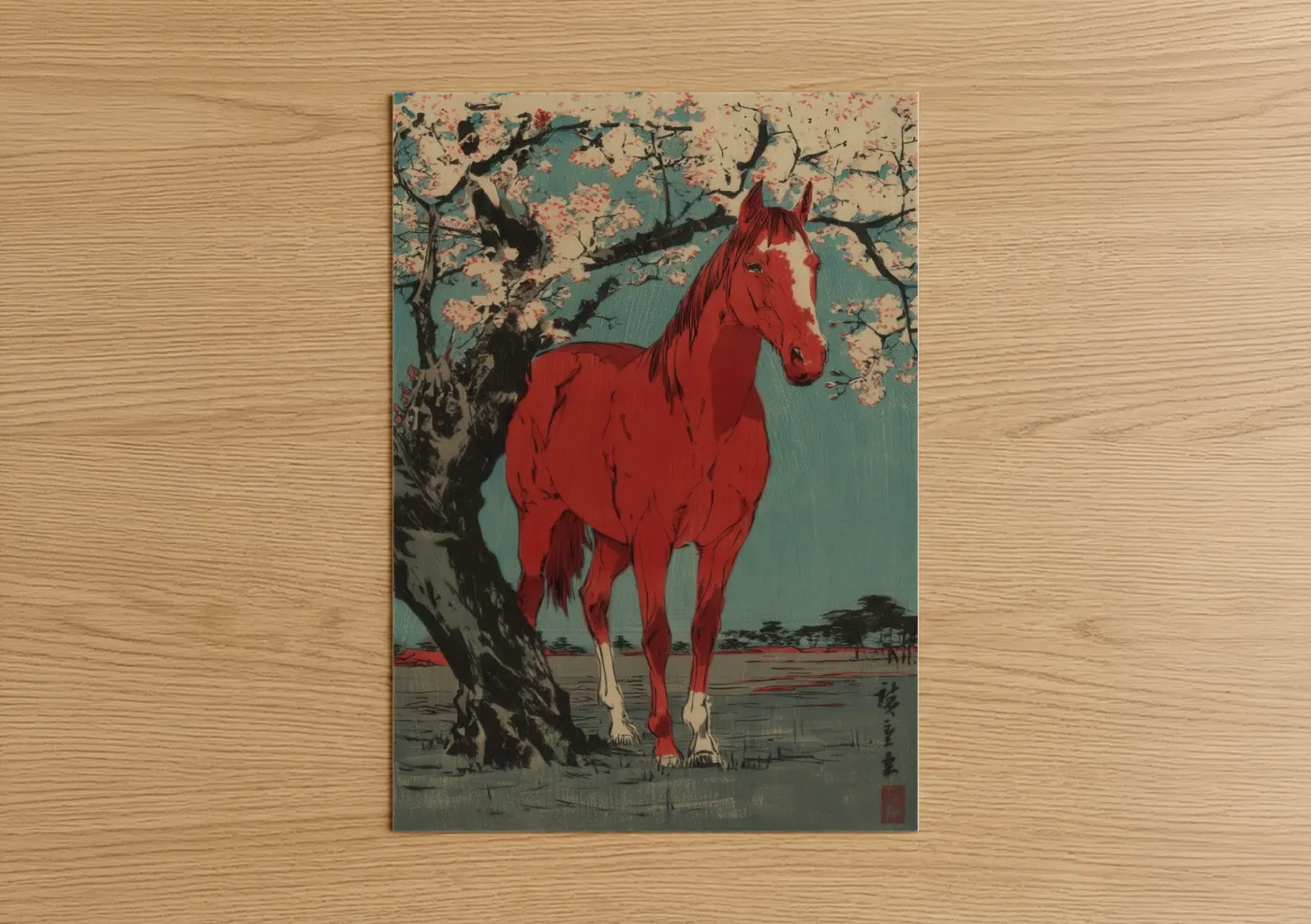 Art print on warm oak wood — red and teal palette — Crimson Quarter Horse poster