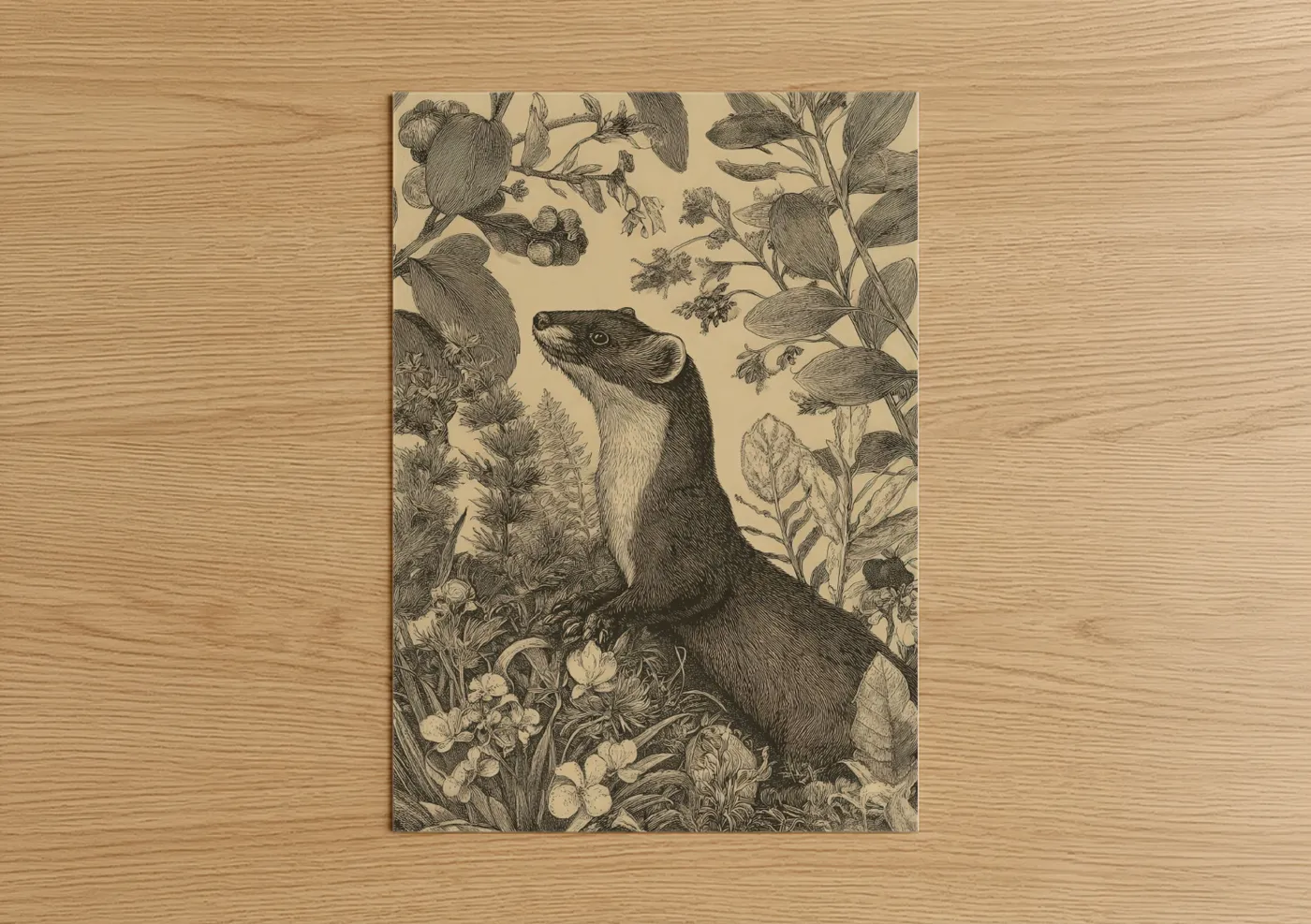 Art print on warm oak wood — cream and black and white palette — Garden Weasel poster