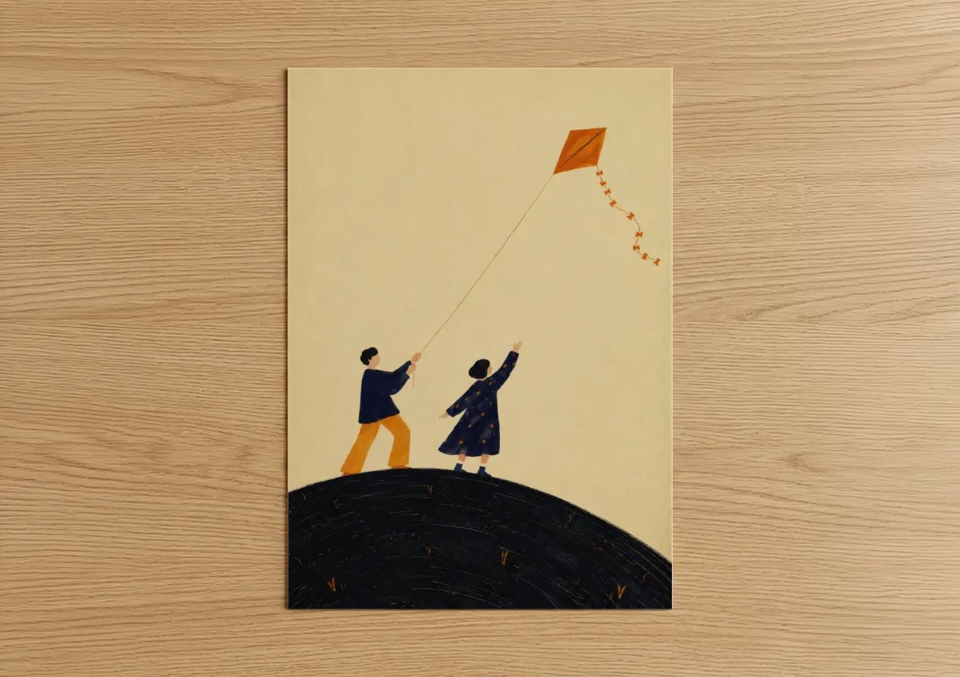 Art print on warm oak wood — beige and orange palette — Couple Flying Kite Wall Art poster