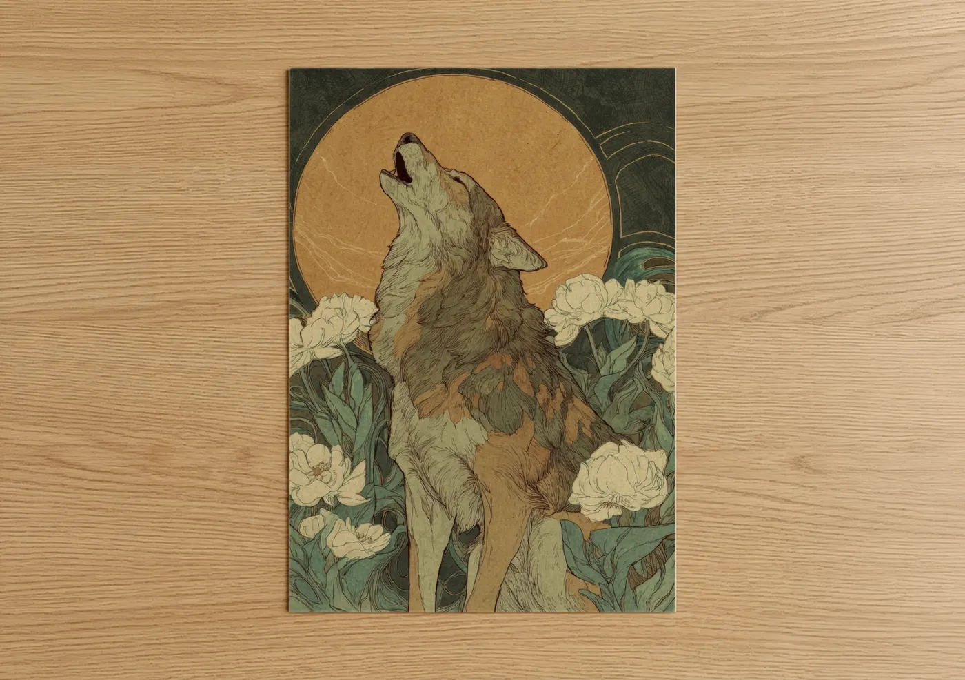 Howling Coyote Moonlight Floral Wall Art