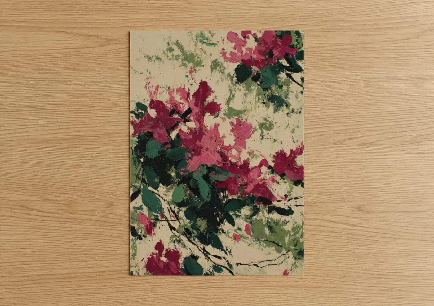 Art print on warm oak wood — magenta and dark green palette — Crimson Rhododendrons poster
