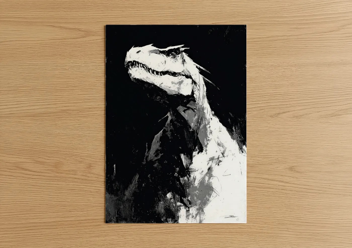 Art print on warm oak wood — black and white palette — Fierce Dinosaur poster