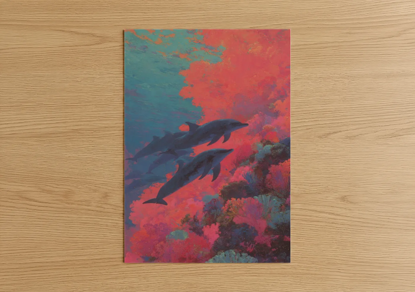 Art print on warm oak wood — blue and red palette — Coral Dolphins poster