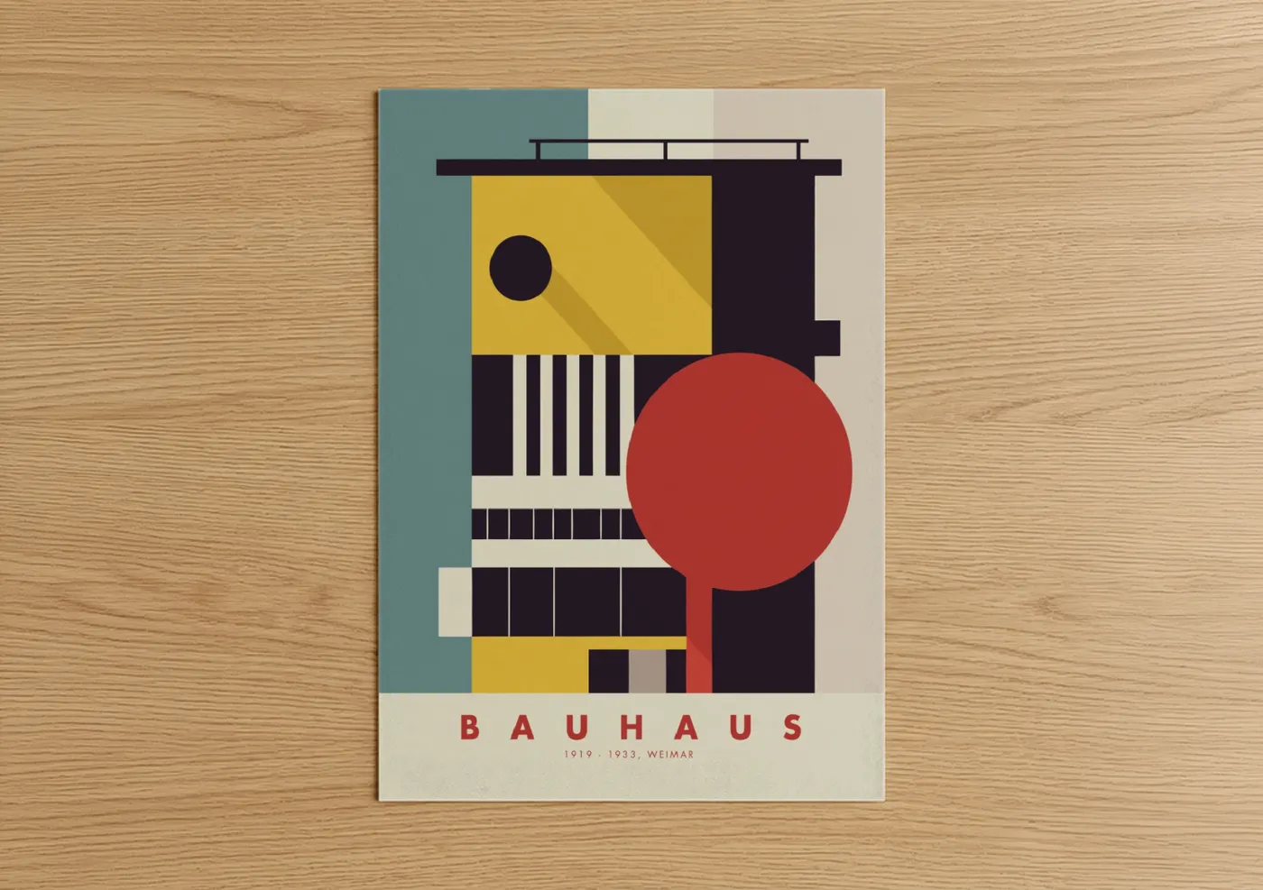 Abstract architecture art print on warm oak wood — mustard and red palette — Bauhaus Composition poster