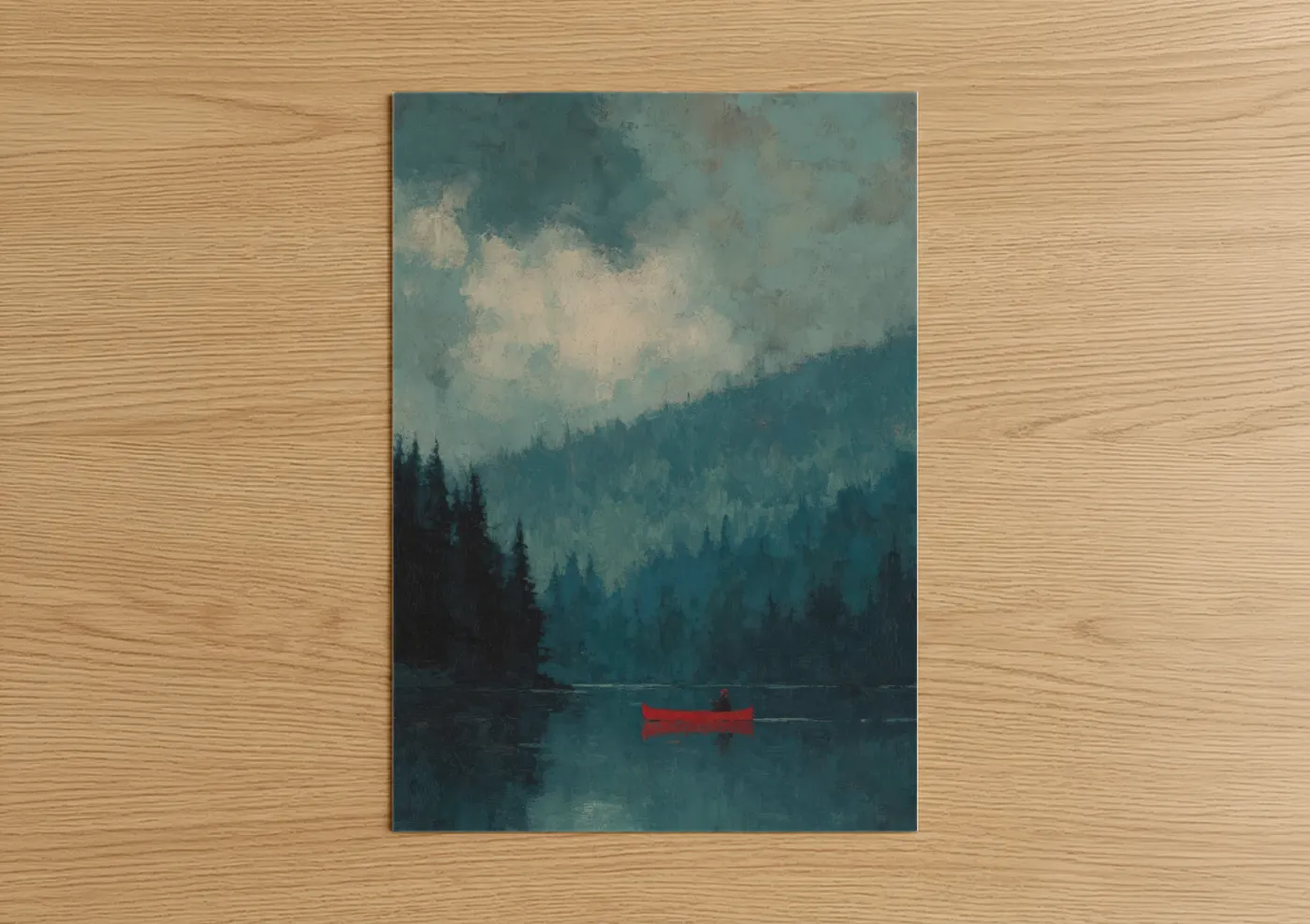 Solitary Red Canoe Misty Mountain Lake Wall Art