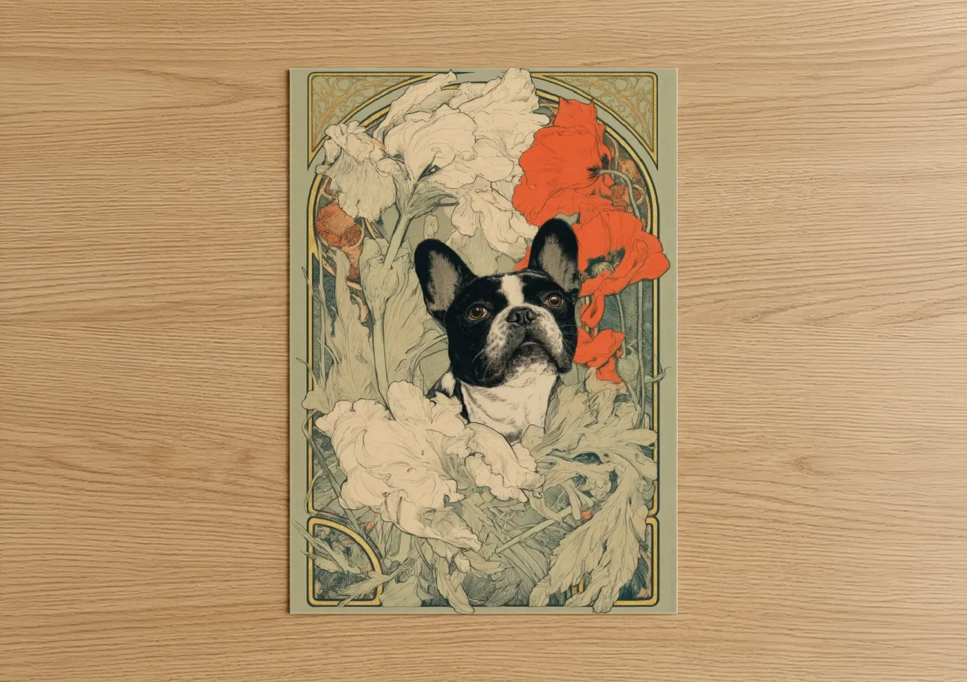 Black and White Bulldog with Red Flowers Wall Art