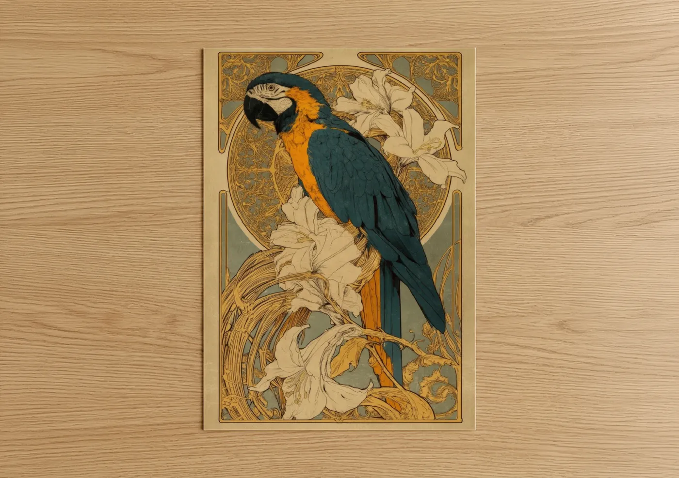 Blue Macaw Parrot Art Nouveau Floral Wall Art