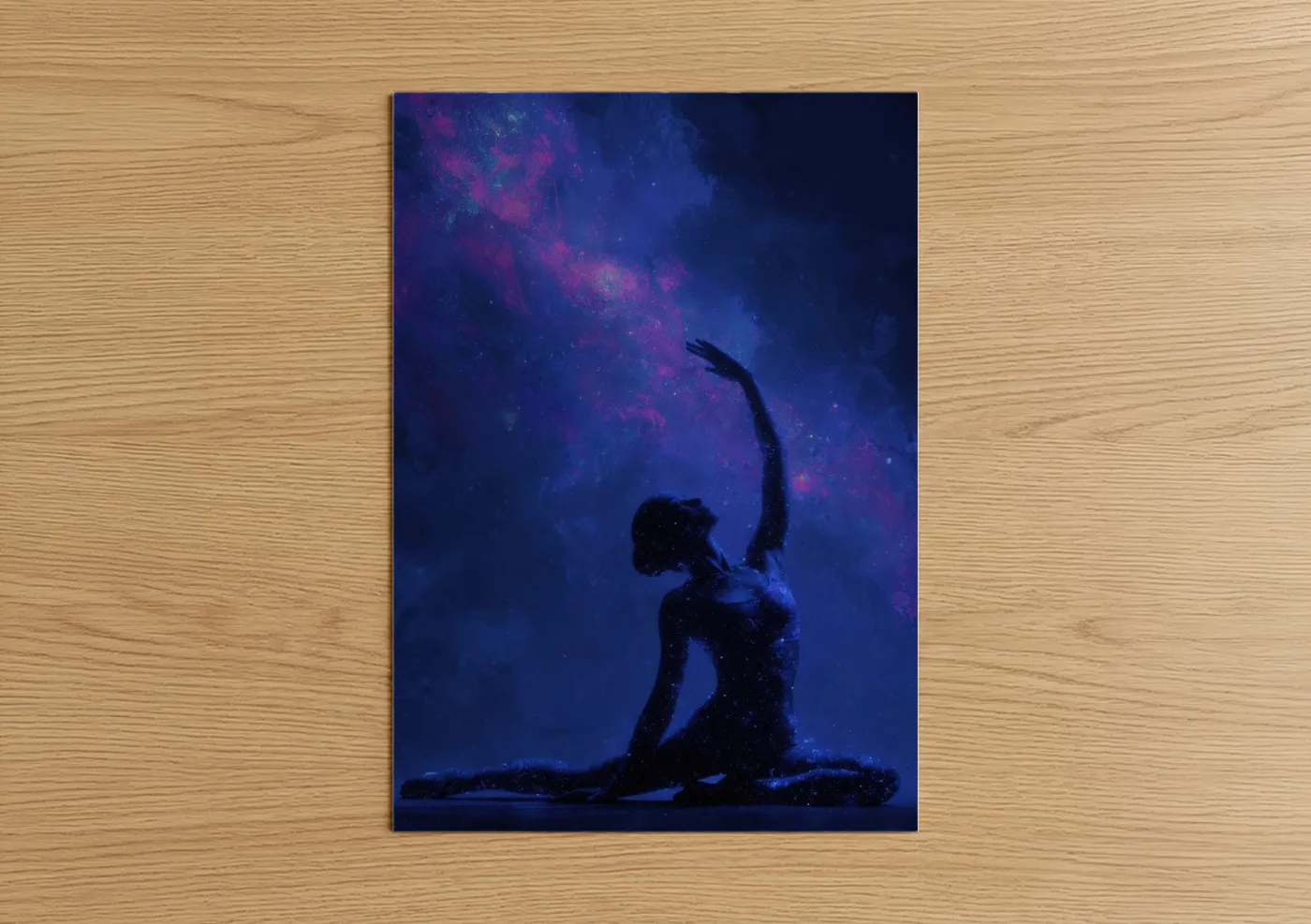 Fitness yoga art print on warm oak wood — blue and purple palette — Cosmic Yoga Silhouette poster