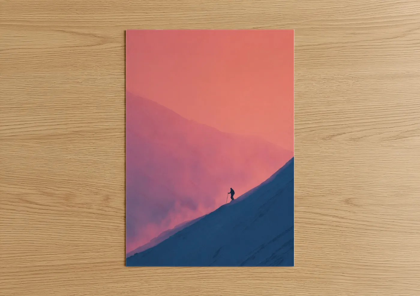 Skiing art print on warm oak wood — pink and dark blue palette — Alpine Descent poster