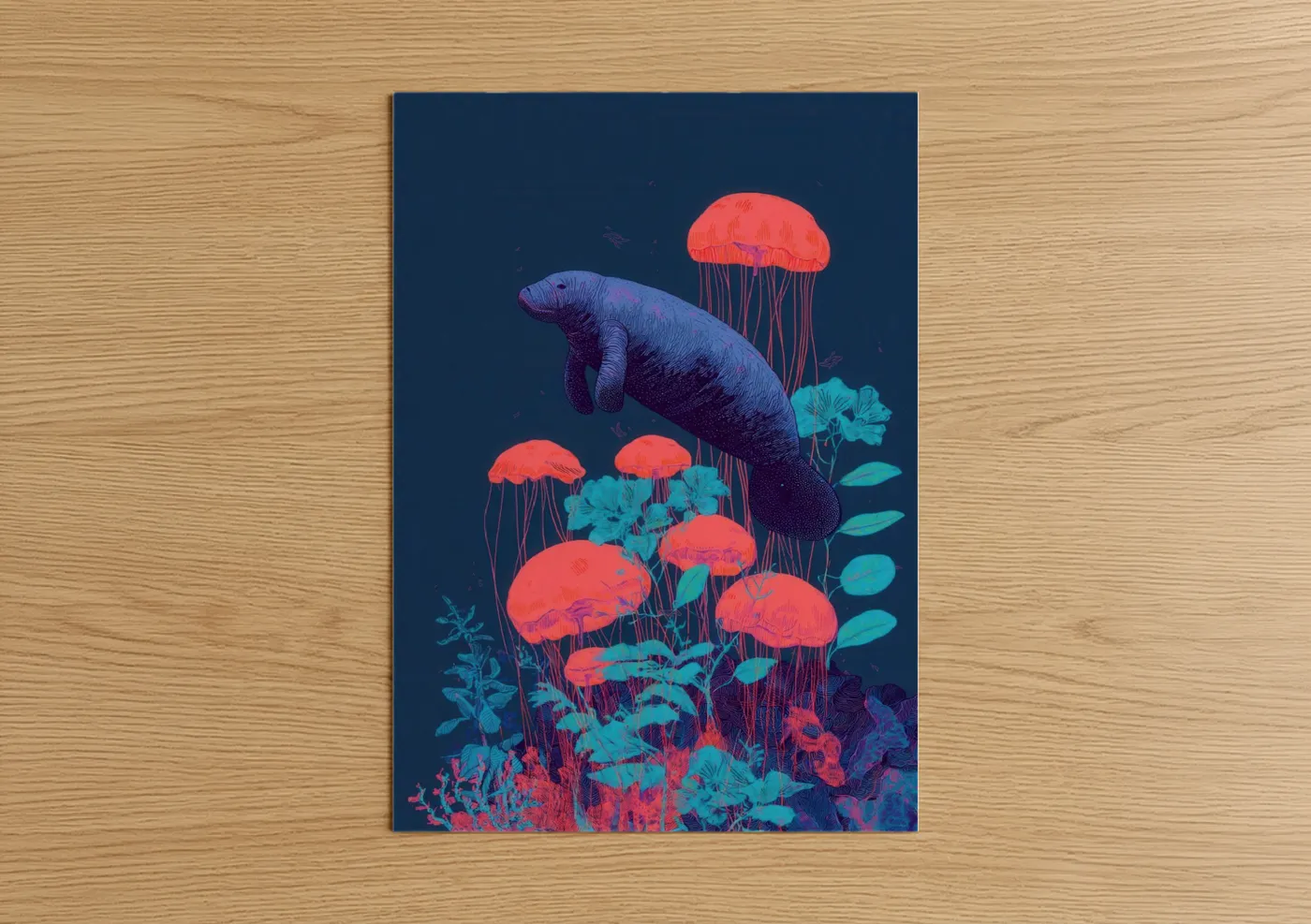 Manatees art print on warm oak wood — dark blue and salmon pink palette — Neon Manatee poster