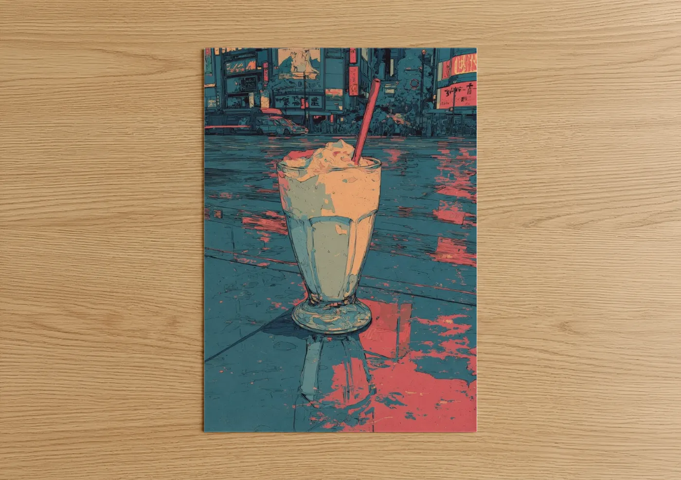 Art print on warm oak wood — teal palette — Neon Milkshake poster