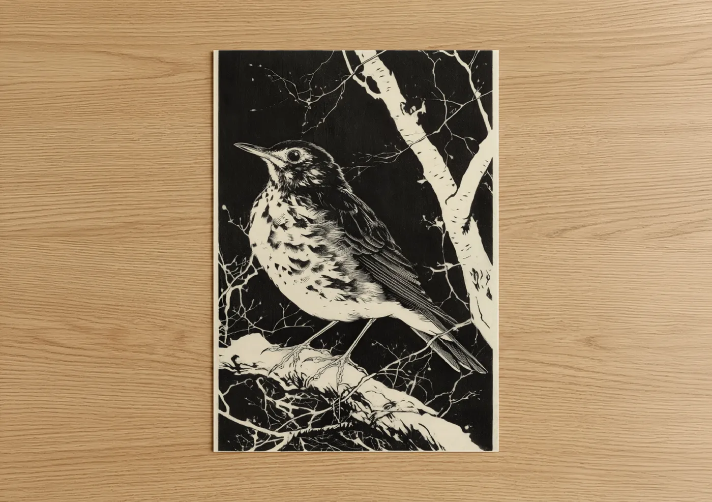 Art print on warm oak wood — black and white palette — Spotted Thrush poster