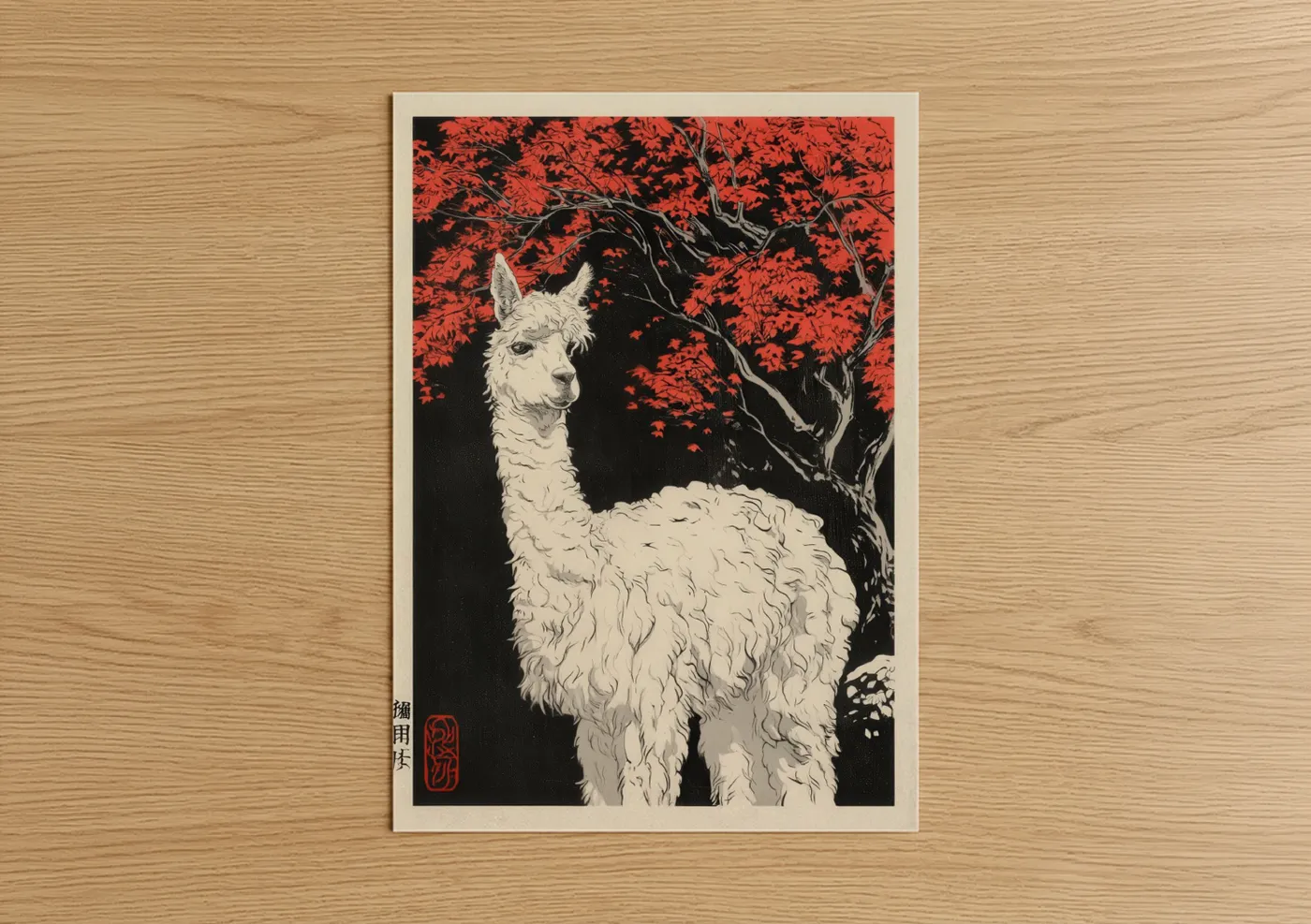 Art print on warm oak wood — red and black and white palette — Crimson Alpaca poster