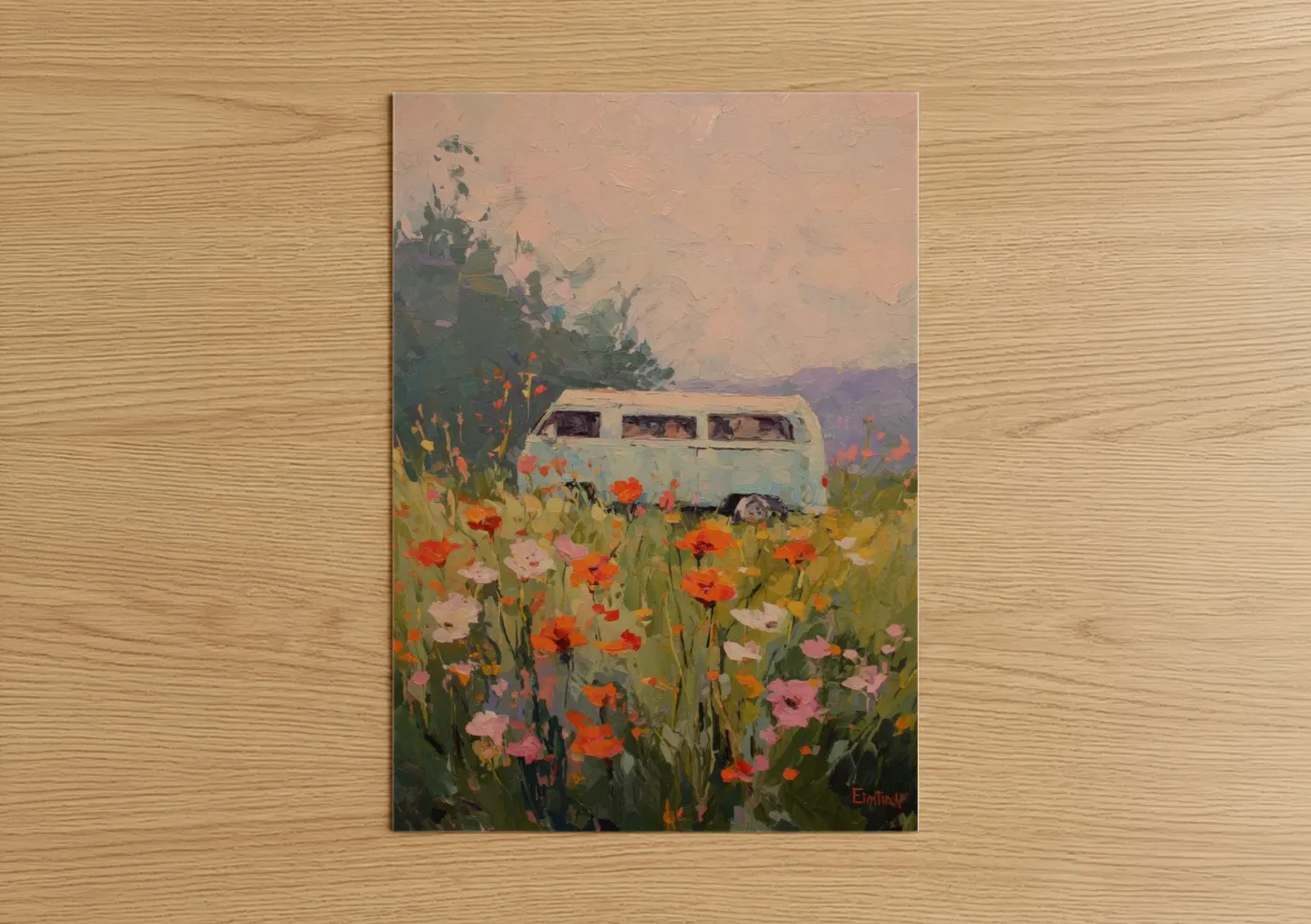Vintage Van Wildflower Field Painting Wall Art