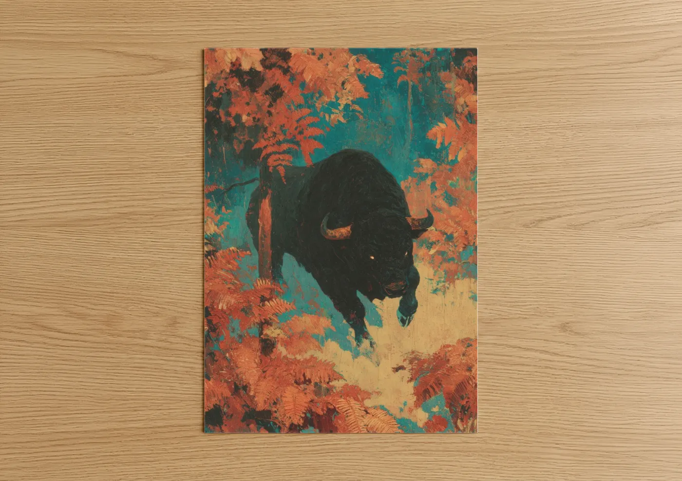 Art print on warm oak wood — russet and teal palette — Charging Taurus poster