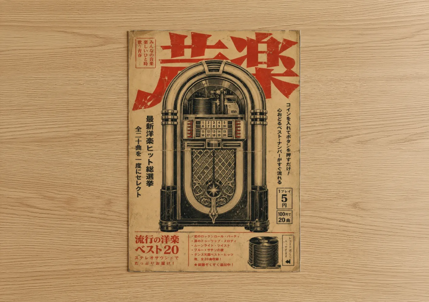Music equipment art print on warm oak wood — red and beige palette — Vintage Jukebox Japanese Poster Wall Art poster