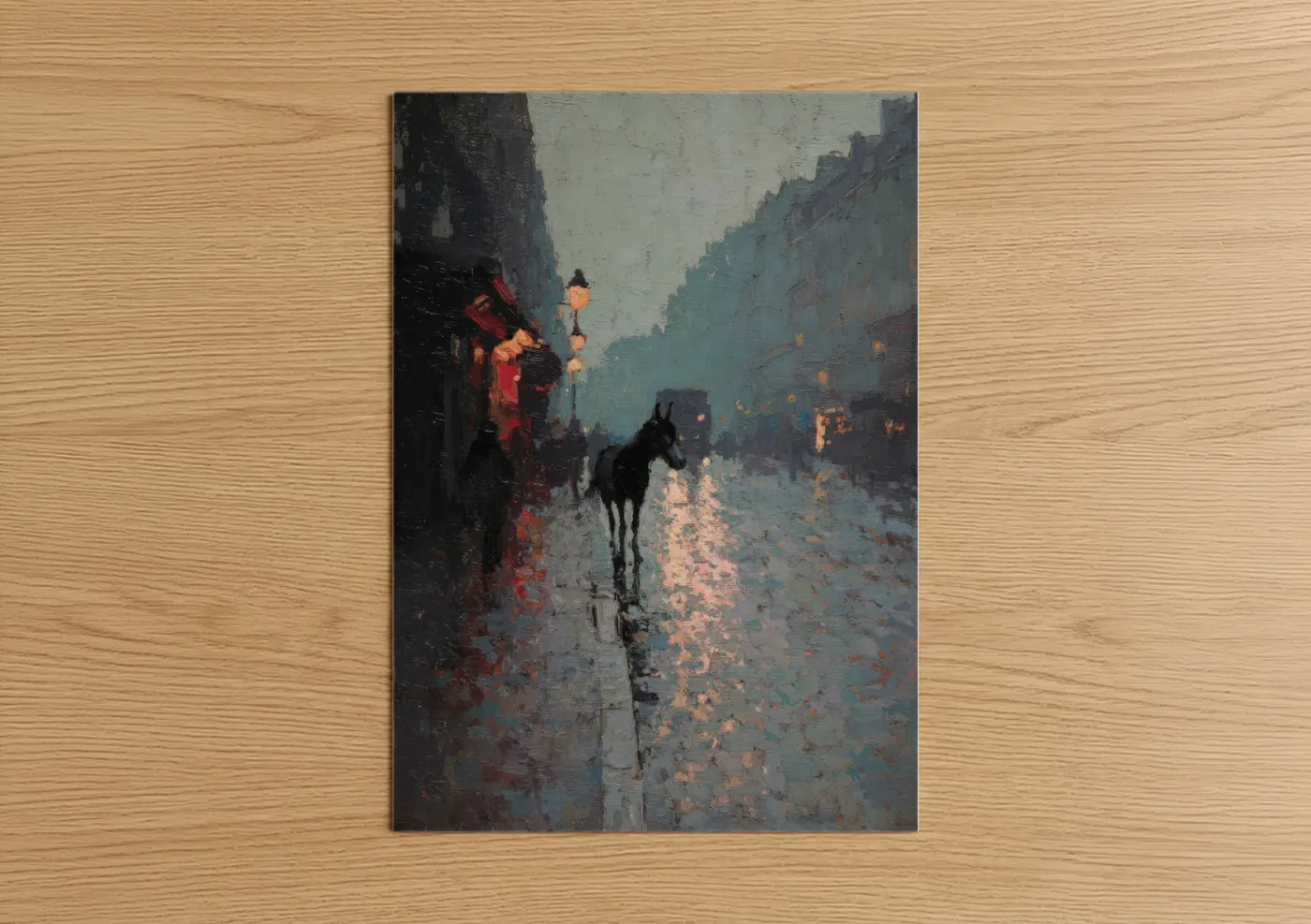 Mule in Rainy Urban Street Impressionist Wall Art