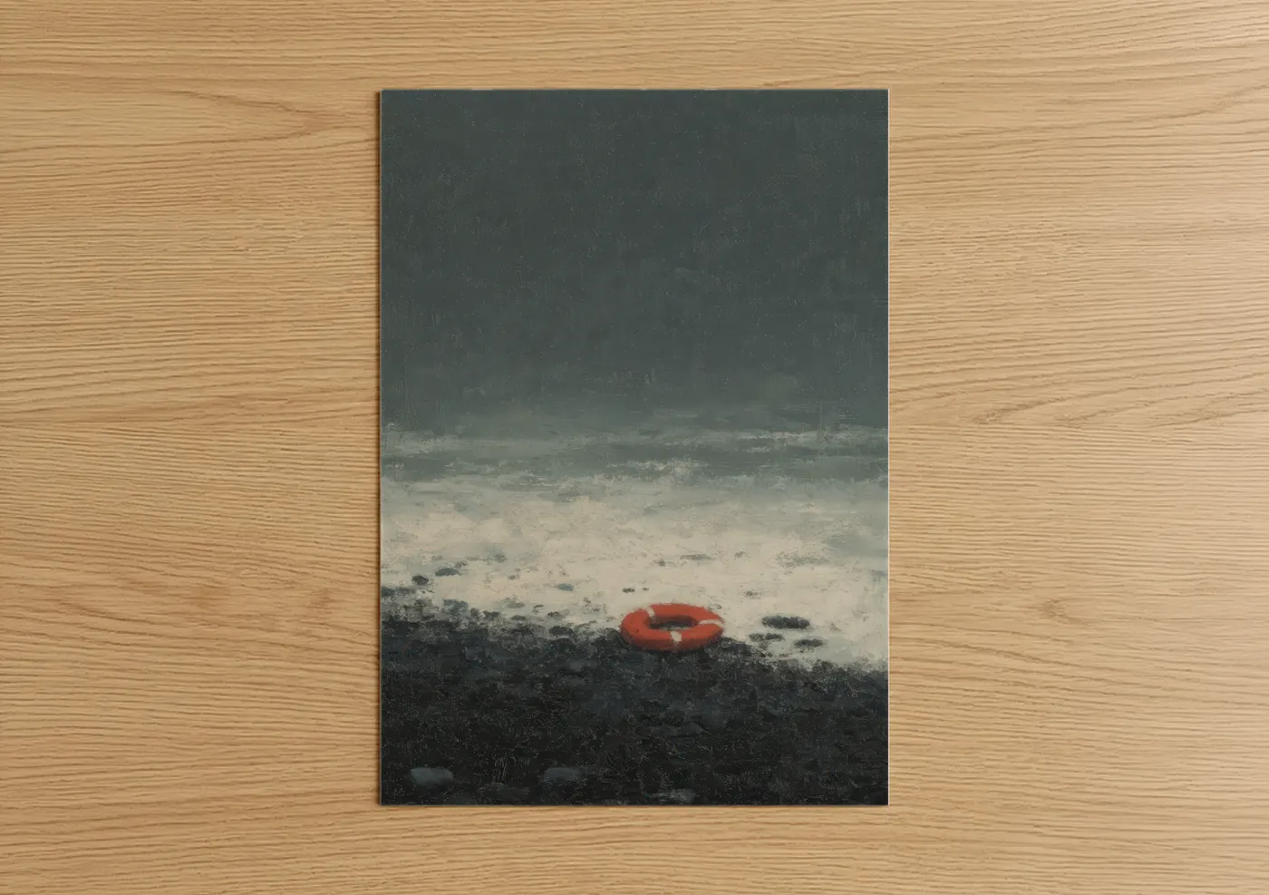 Life ring art print on warm oak wood — gray and red palette — Crimson Rescue Ring poster