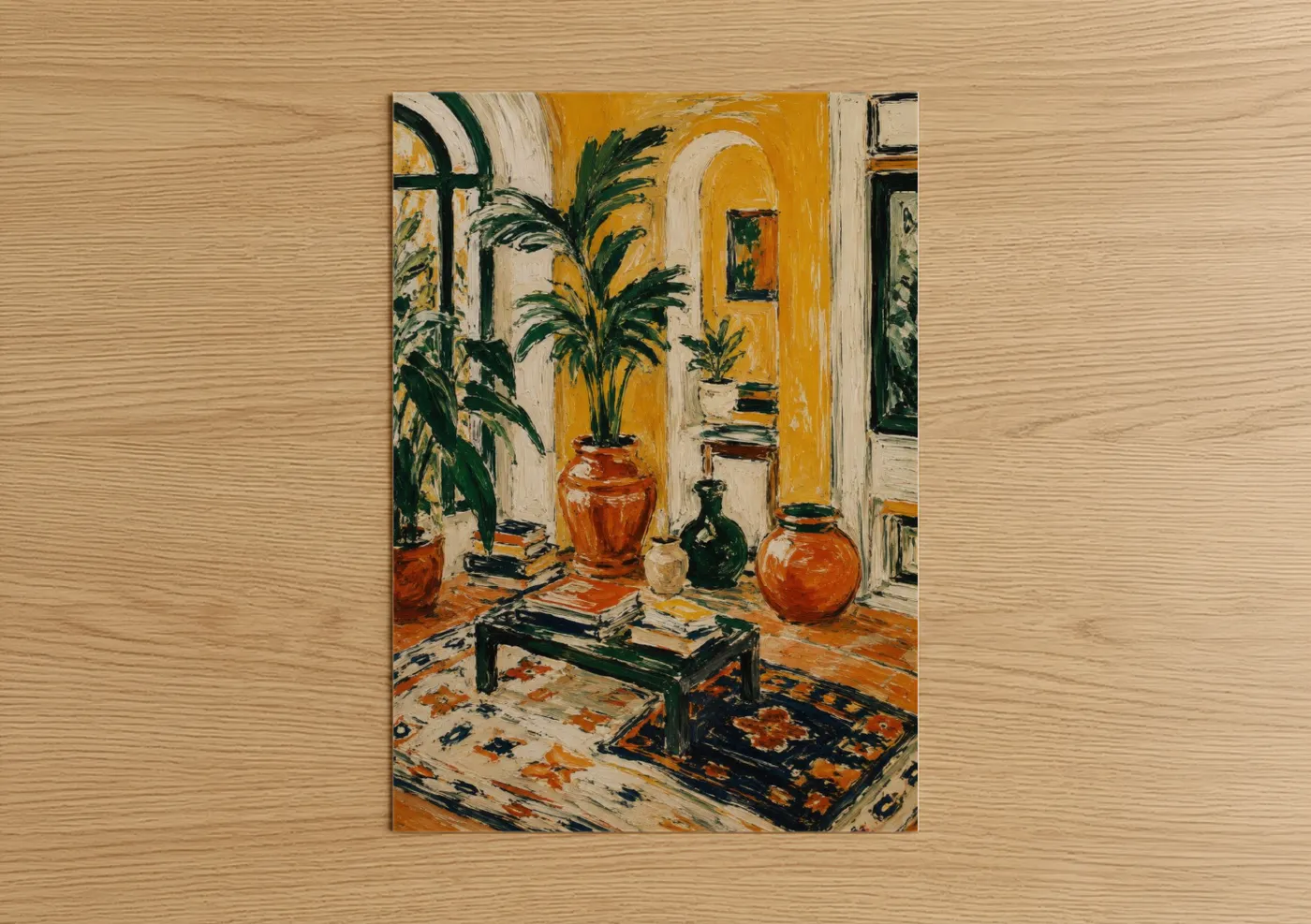 Art print on warm oak wood — gamboge and true green palette — Mediterranean Interior With Potted Plants Wall Art poster