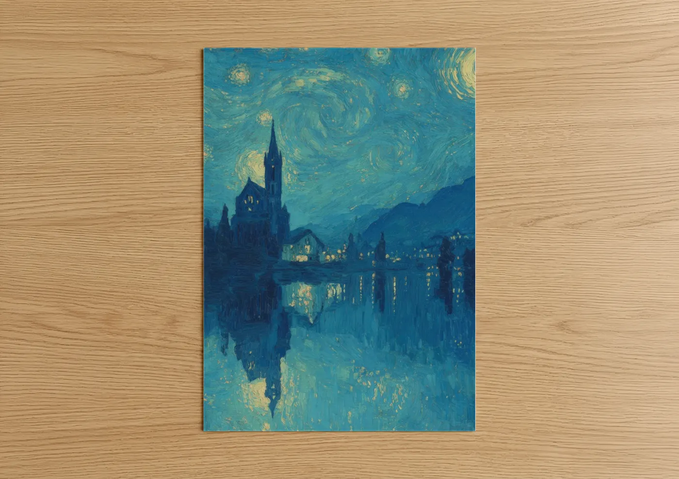 Starry Night Church Reflection Water Wall Art