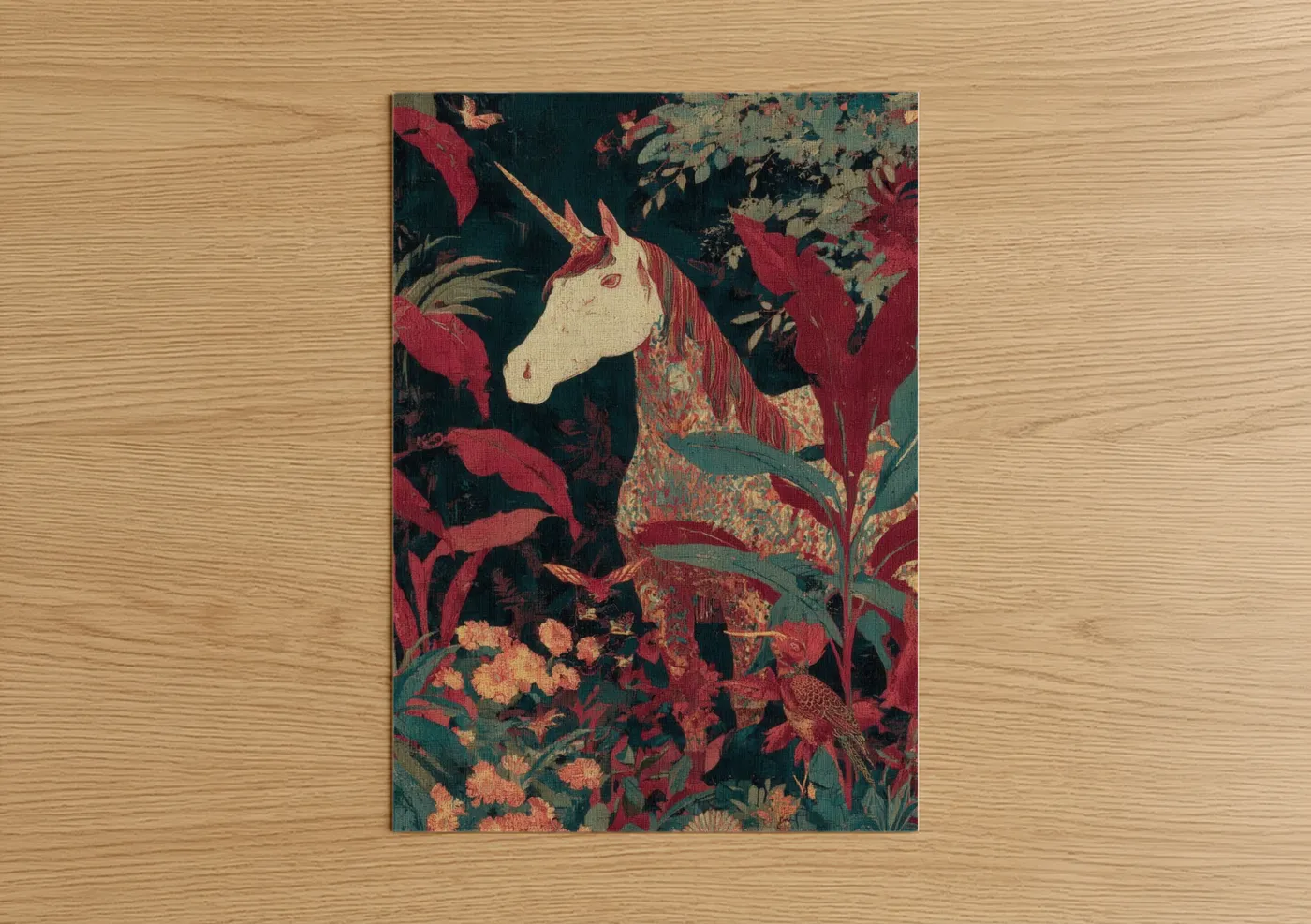Unicorns art print on warm oak wood — maroon and teal palette — Enchanted Unicorn poster