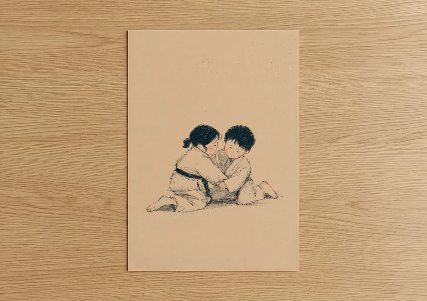 Art print on warm oak wood — beige and black palette — Young Judoka Pair poster