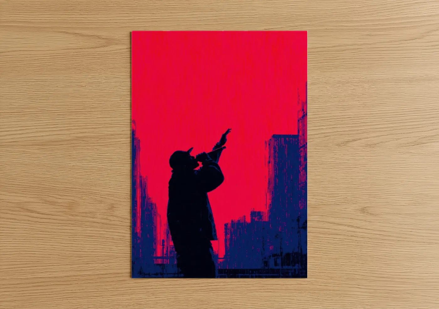 Hiphop art print on warm oak wood — magenta and dark blue palette — Urban Beats Silhouette poster