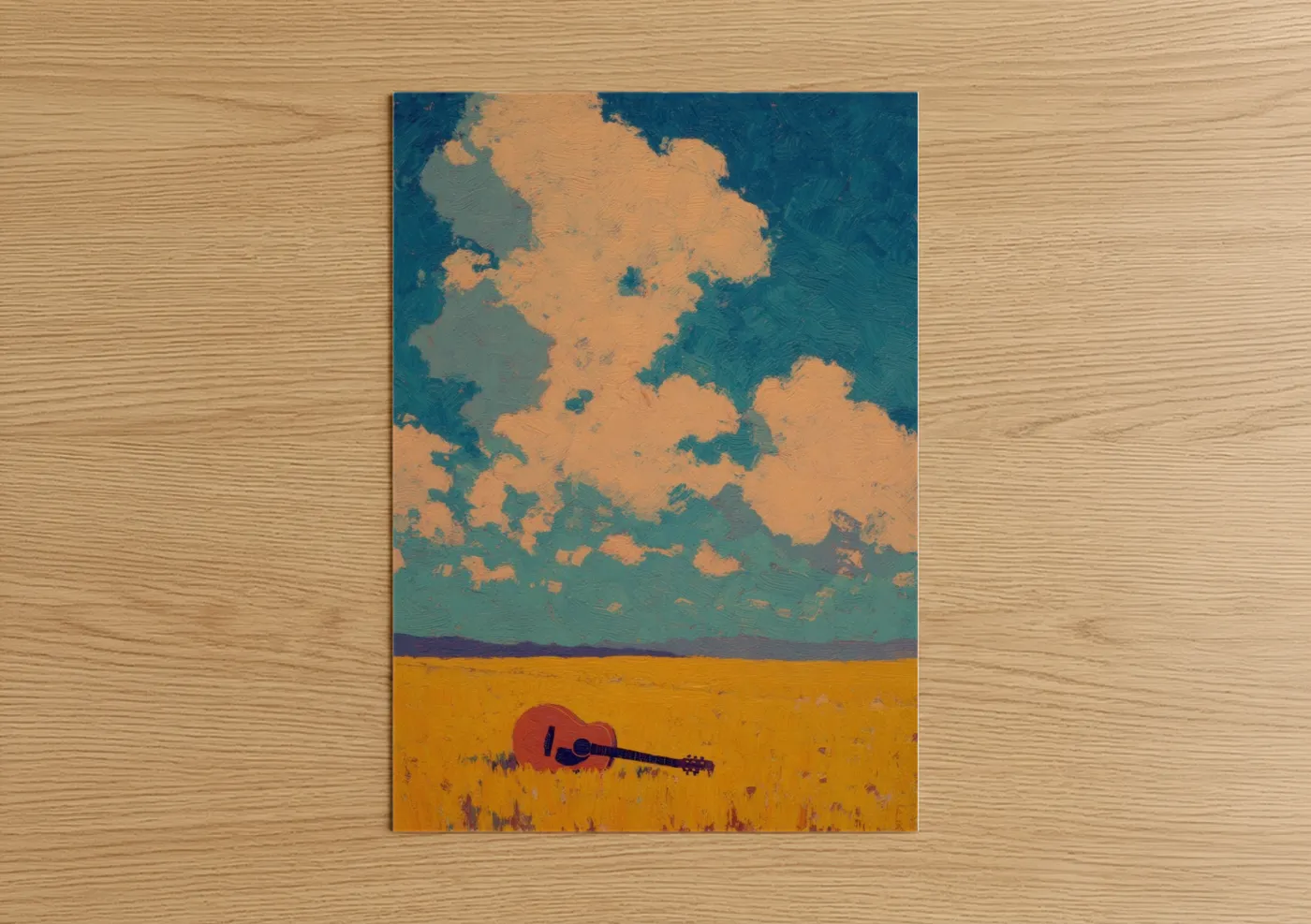 Acoustic guitar art print on warm oak wood — gold and teal palette — Golden Field Guitar poster