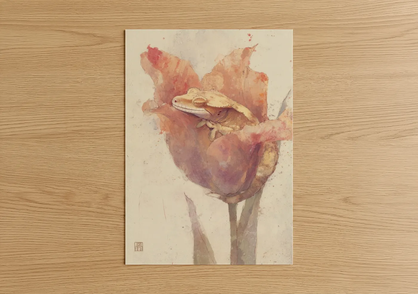 Art print on warm oak wood — peach and salmon pink palette — Crested Lizard Bloom poster