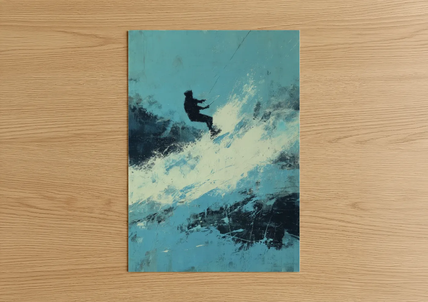 Wakeboarding art print on warm oak wood — turquoise and white palette — Turquoise Wakeboarder poster