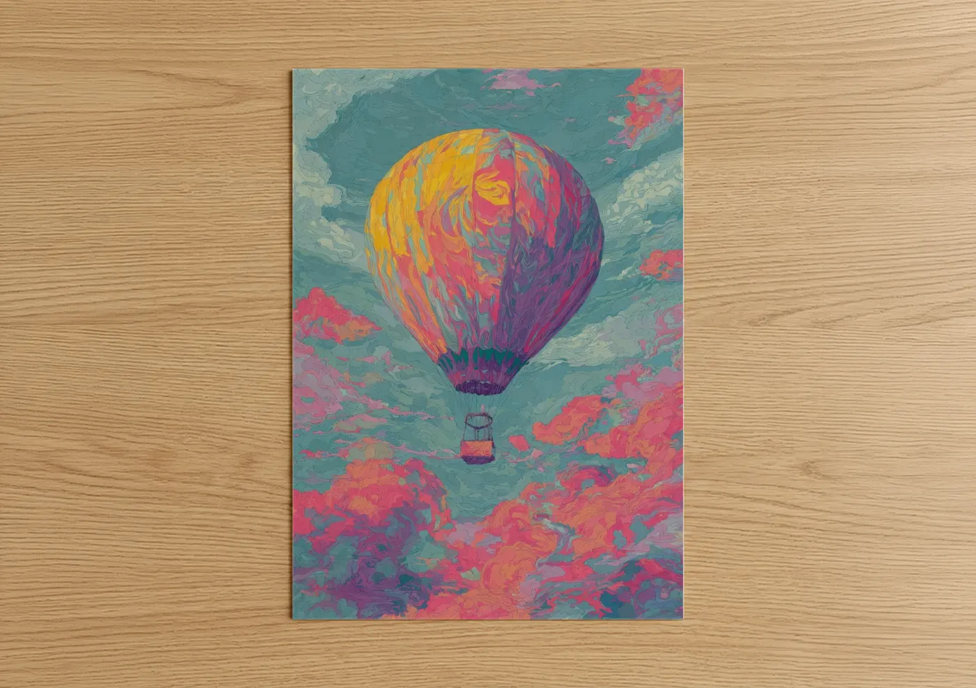Hot air baloon art print on warm oak wood — magenta and turquoise palette — Colorful Ascent poster