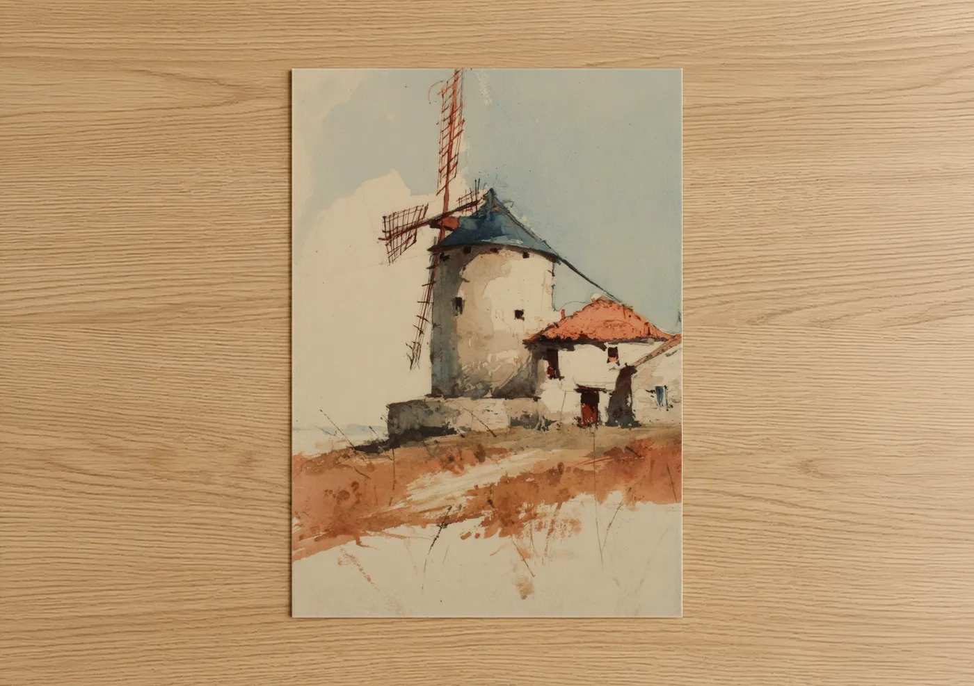 Rustic Windmill Watercolor Landscape Wall Art