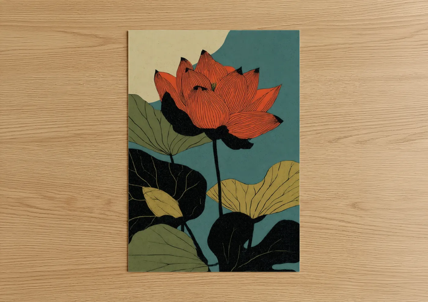 Coral Lotus Bloom Botanical Illustration Wall Art