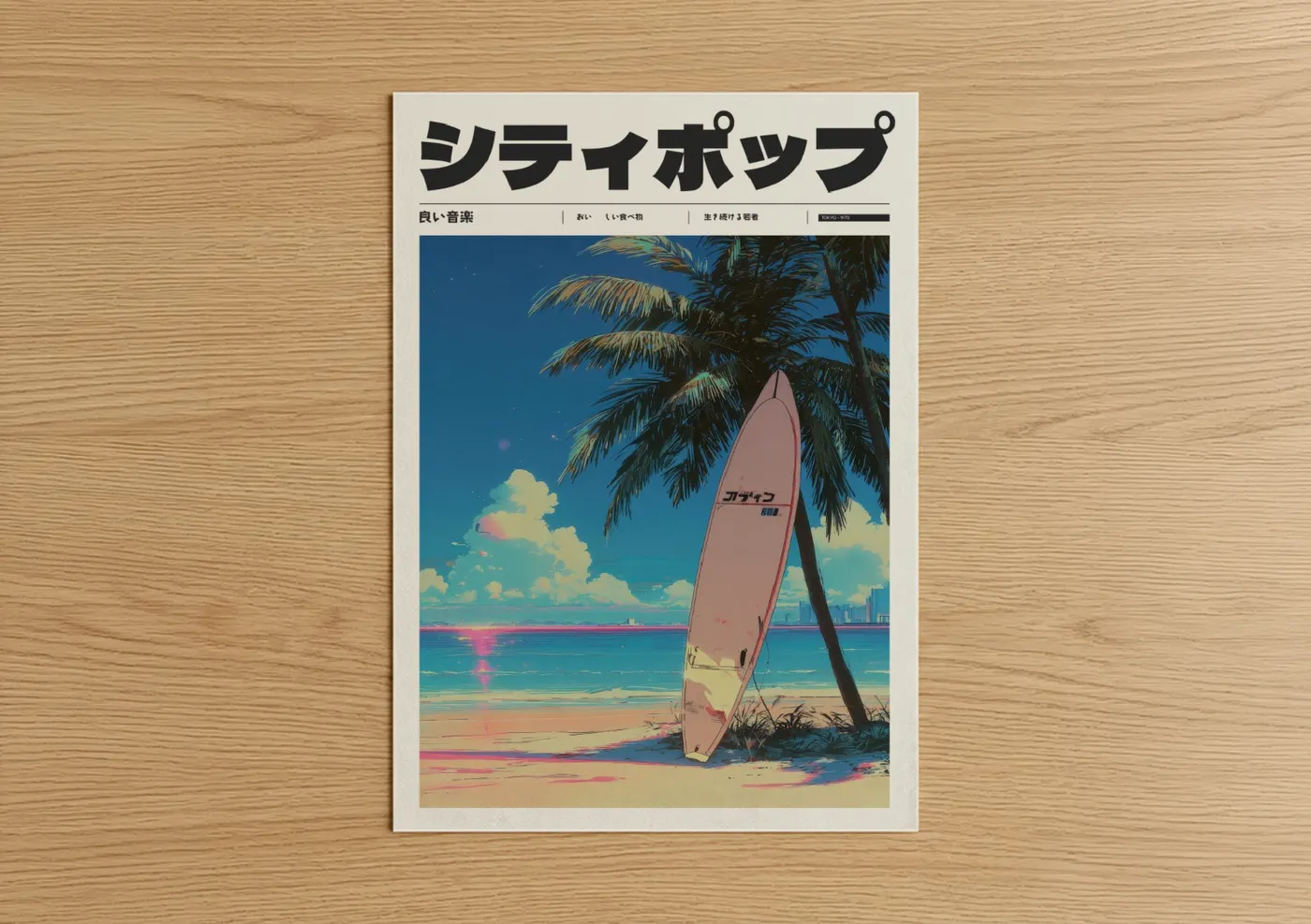 Anime and manga art print on warm oak wood — blue and peach palette — Surfer's Paradise poster