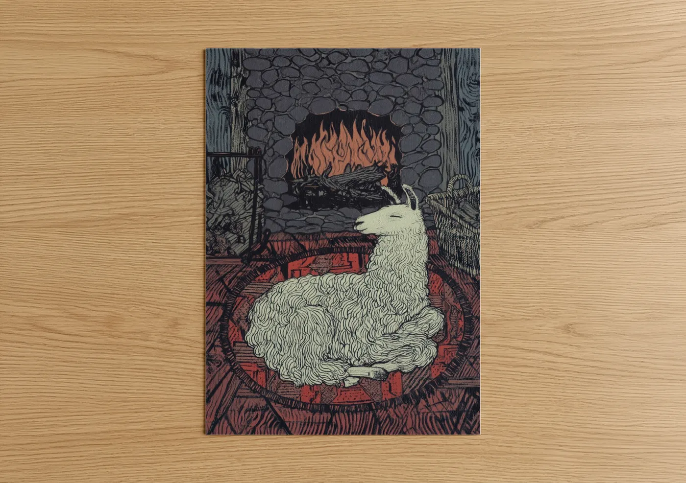 Cozy Llama by Fireplace Illustration Wall Art